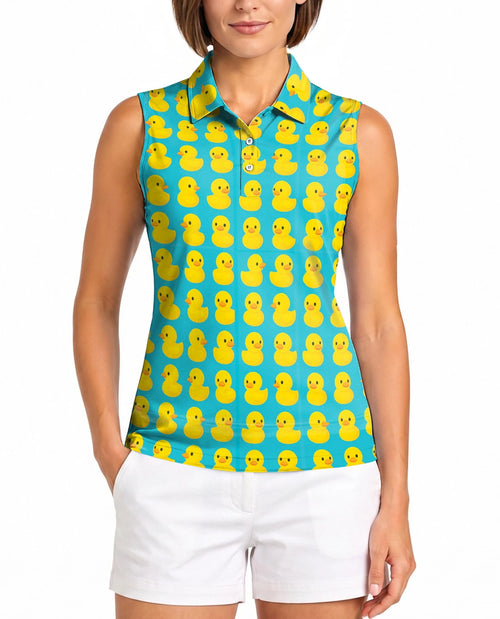 Cute Duck Print Sleeveless Polo Shirt for Women – Adorable Animal Style | Netecom