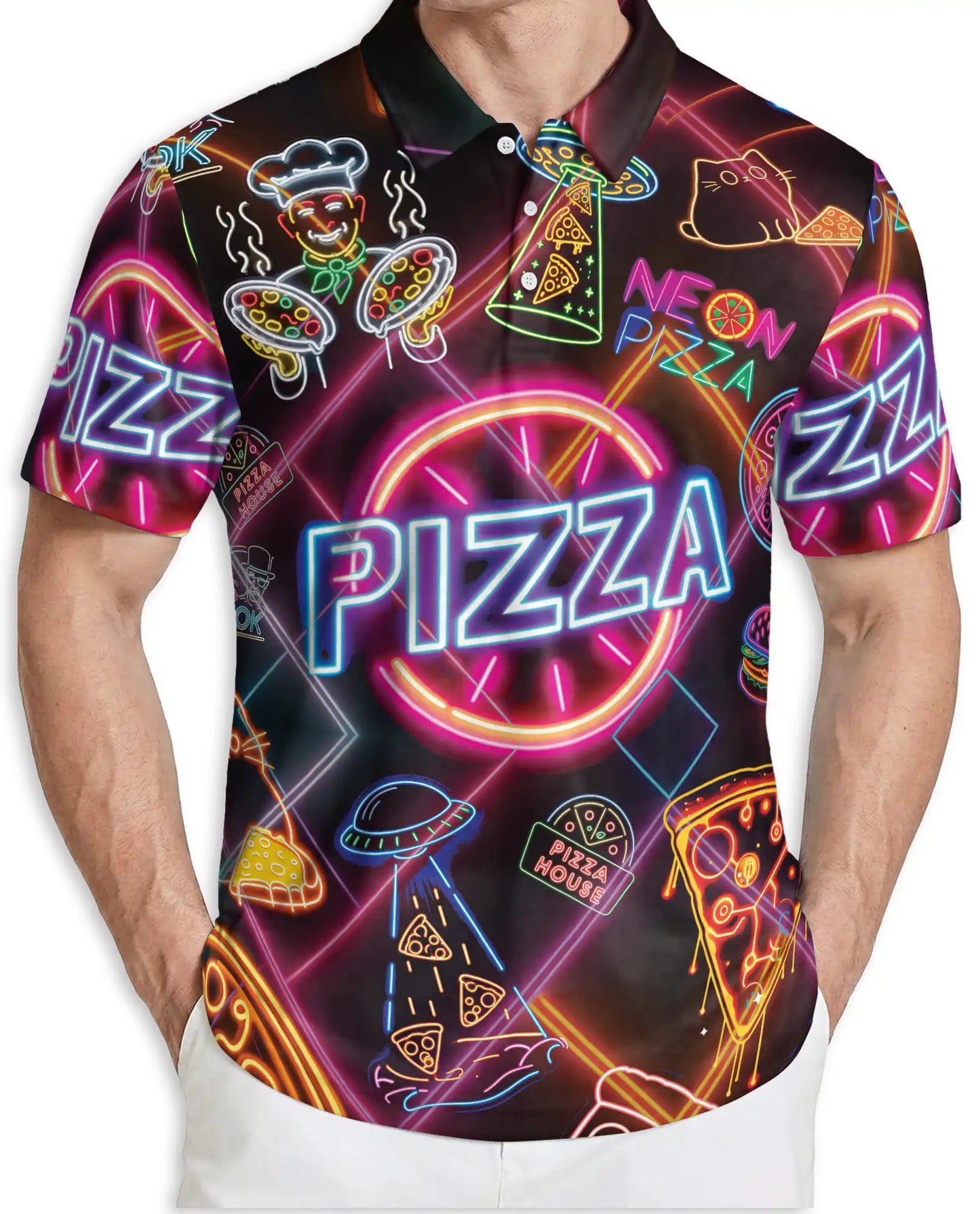 Neon Pizza Party 3D Polo Shirt for Men – Funny Retro Food Lover Style | Netecom