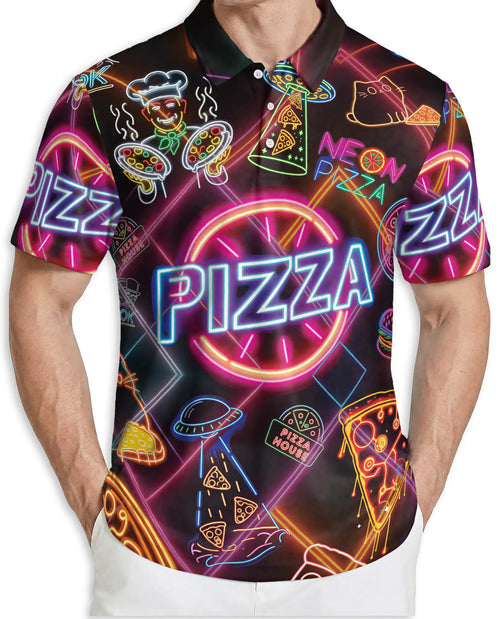 Neon Pizza Party 3D Polo Shirt for Men – Funny Retro Food Lover Style | Netecom