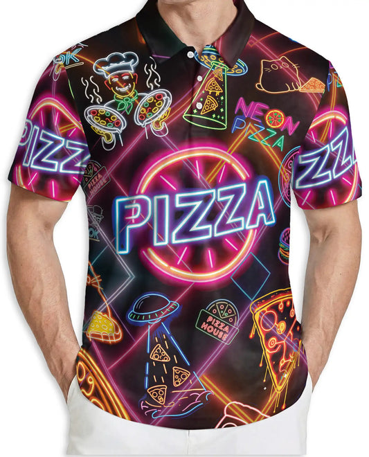 Neon Pizza Party 3D Polo Shirt for Men – Funny Retro Food Lover Style | Netecom