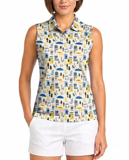 Coastal Beach Scene Pattern Sleeveless Polo Shirt for Women  | Netecom