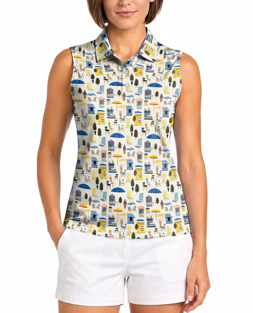 Coastal Beach Scene Pattern Sleeveless Polo Shirt for Women  | Netecom