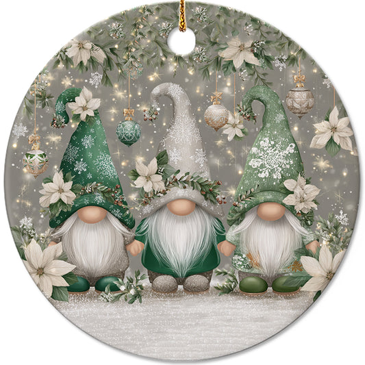 Netecom Cute Siver Gnome Floral Christmas Ornament, Adorable Scandinavian Tomte Ceramic Ornament for Christmas Tree Hanging Decorations Gift, Gnome Lover Gifts, Holiday Party Present
