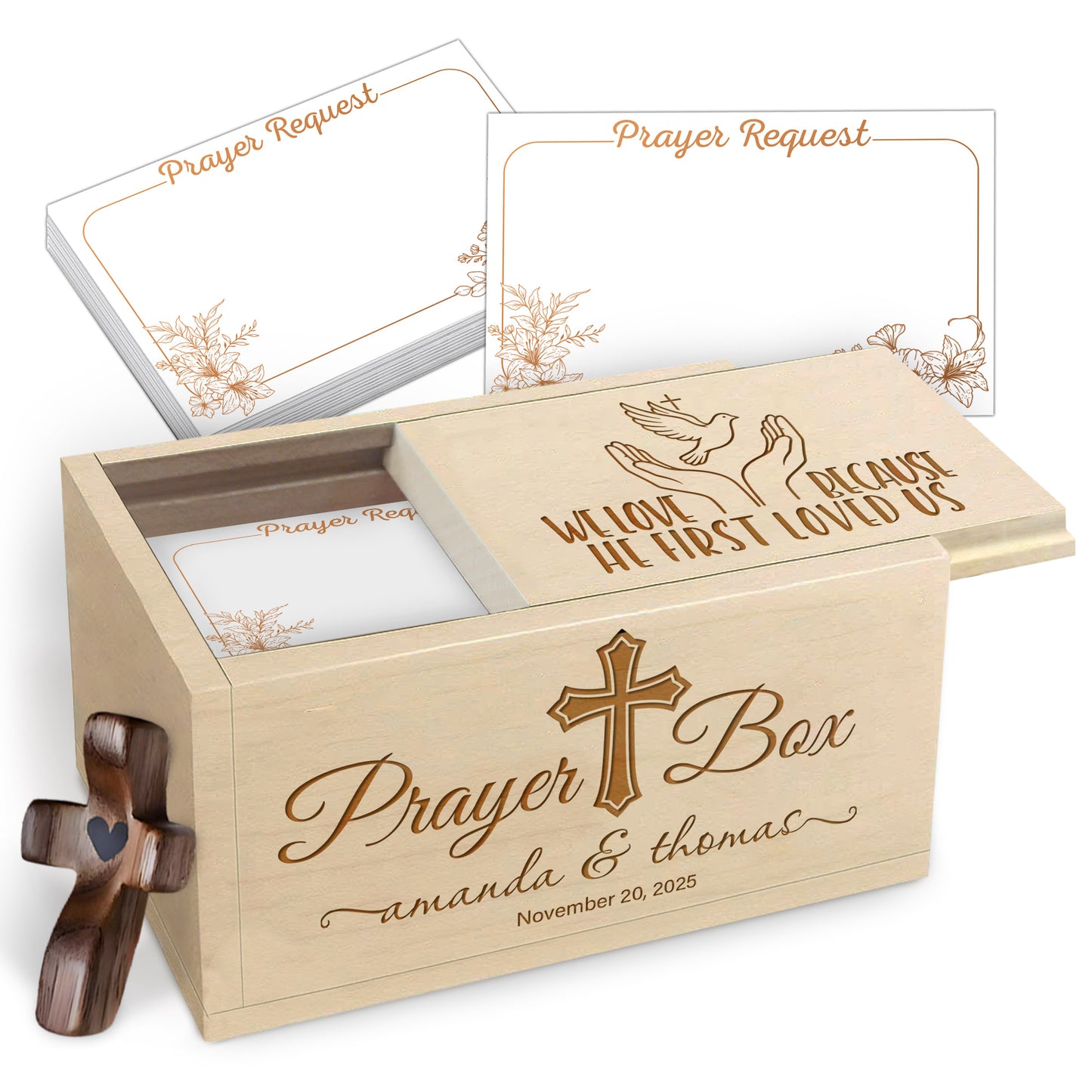 Netecom Couple Prayer Box Gift for Valentine’s Day with 100 Prayer Request Cards & Wooden Cross – Personalized Christian Keepsake with Custom Names and Date