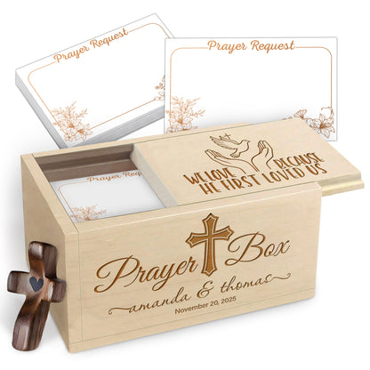 Netecom Couple Prayer Box Gift for Valentine’s Day with 100 Prayer Request Cards & Wooden Cross – Personalized Christian Keepsake with Custom Names and Date