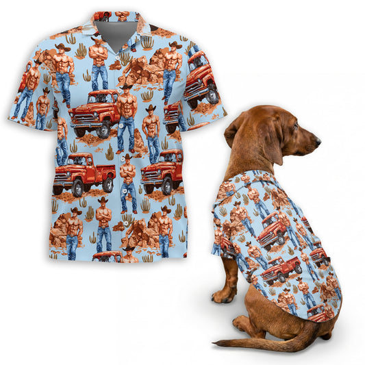 Netecom Matching Cowboy Vintage Western Hawaiian Shirt for Dog and Owner, Retro Aloha Summer Shirt, Western Print Outfit for Pet and Human, Beach Vacation Casual Wear