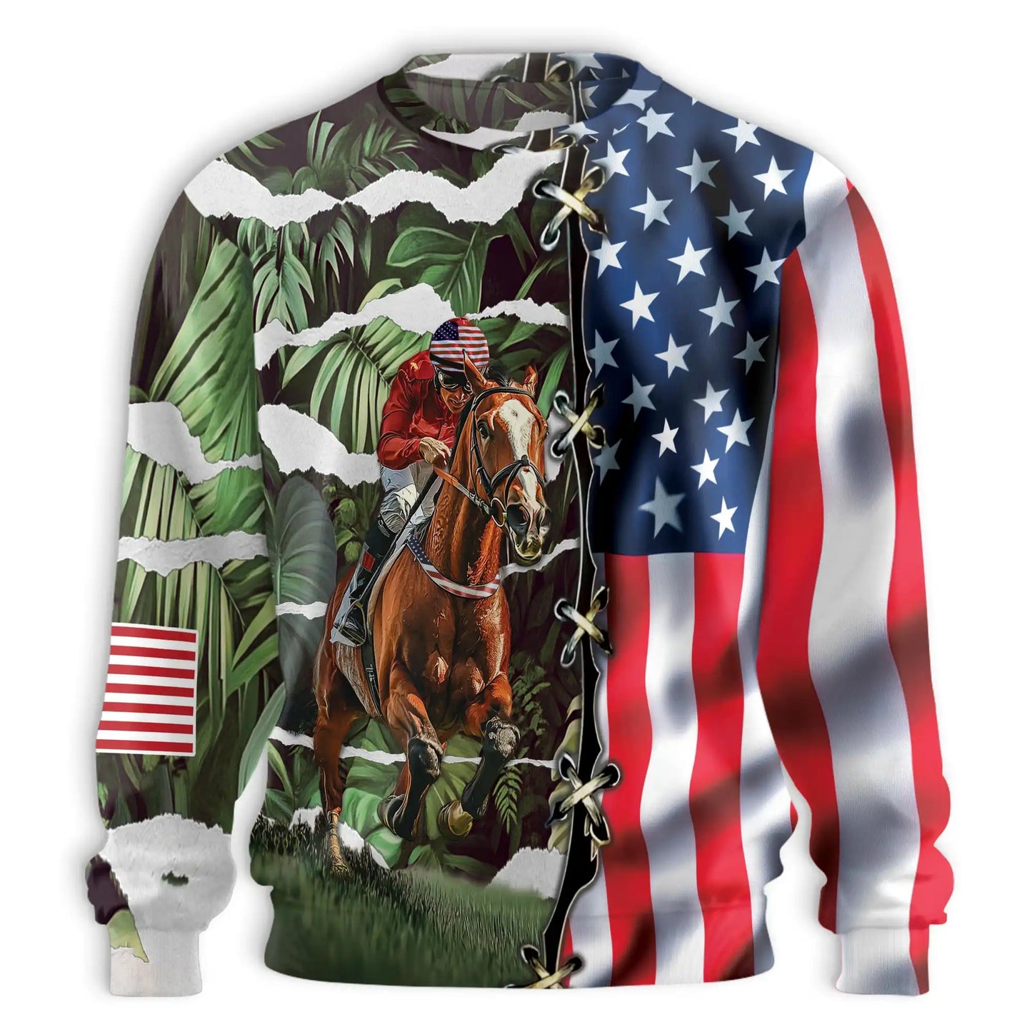 Horse Racing Tropical Leaves Sweatshirt, 3D All Over Print Equestrian Tropical Crewneck Pullover for Men Women, Horse Racing Lover Gift - Netecom