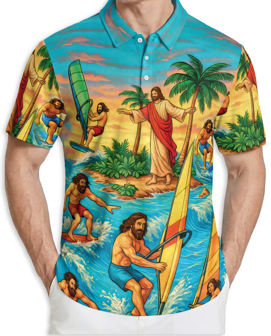 Jesus Surfing Tropical Beach 3D Polo Shirt for Men – Christian Summer Island Style | Netecom