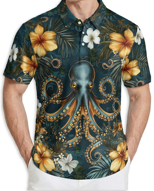 Octopus Polo Shirt for Men-Tropical Ocean Sea Creature Nautical Beach Shirt | Netecom