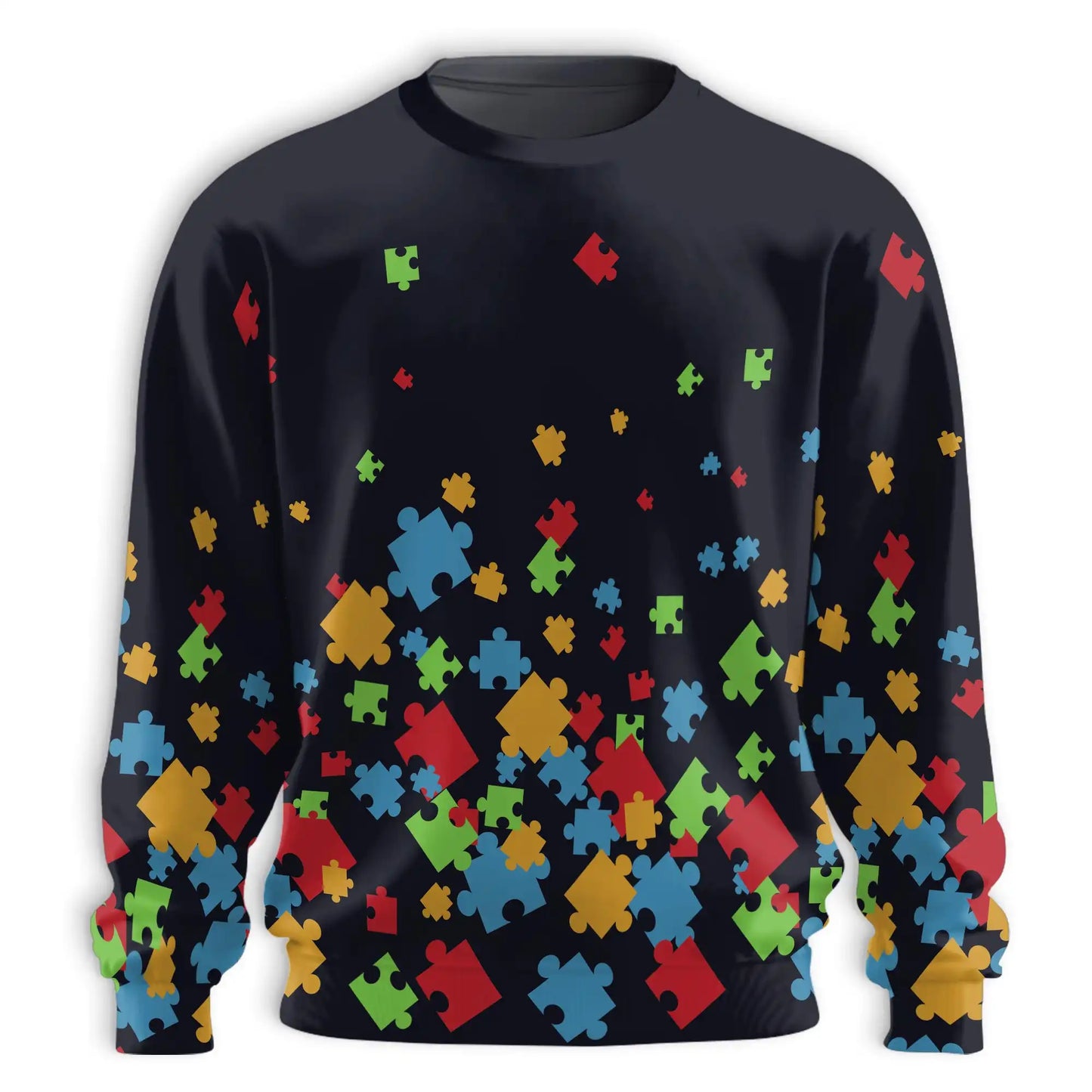 Autism Awareness Black Sweatshirt, 3D All Over Print Puzzle Heart Crewneck Pullover for Men Women, Autism Support Gift - Netecom