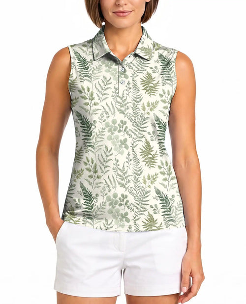 Fern Leaf Pattern Sleeveless Polo Shirt for Women – Botanical Nature Style | Netecom