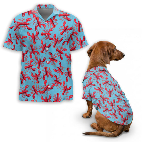 Netecom Matching Red Lobster Hawaiian Shirt for Dog and Owner, Aloha Summer Shirt, Lobster Print Button Down Outfit for Pet and Human, Beach Vacation Casual Wear