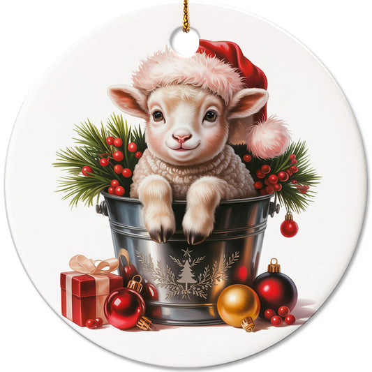 Netecom Baby Sheep in Bucket Ornament, Farm Animal with Santa Hat Ceramic Ornament for Christmas Tree Hanging Decorations Gift, Sheep Lover Gifts, Home Decor, Holiday Party Present