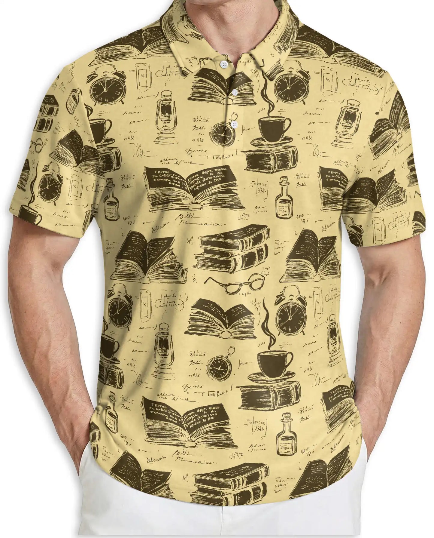 Vintage Library 3D Polo Shirt for Men – Retro Book Lover Academic Style | Netecom