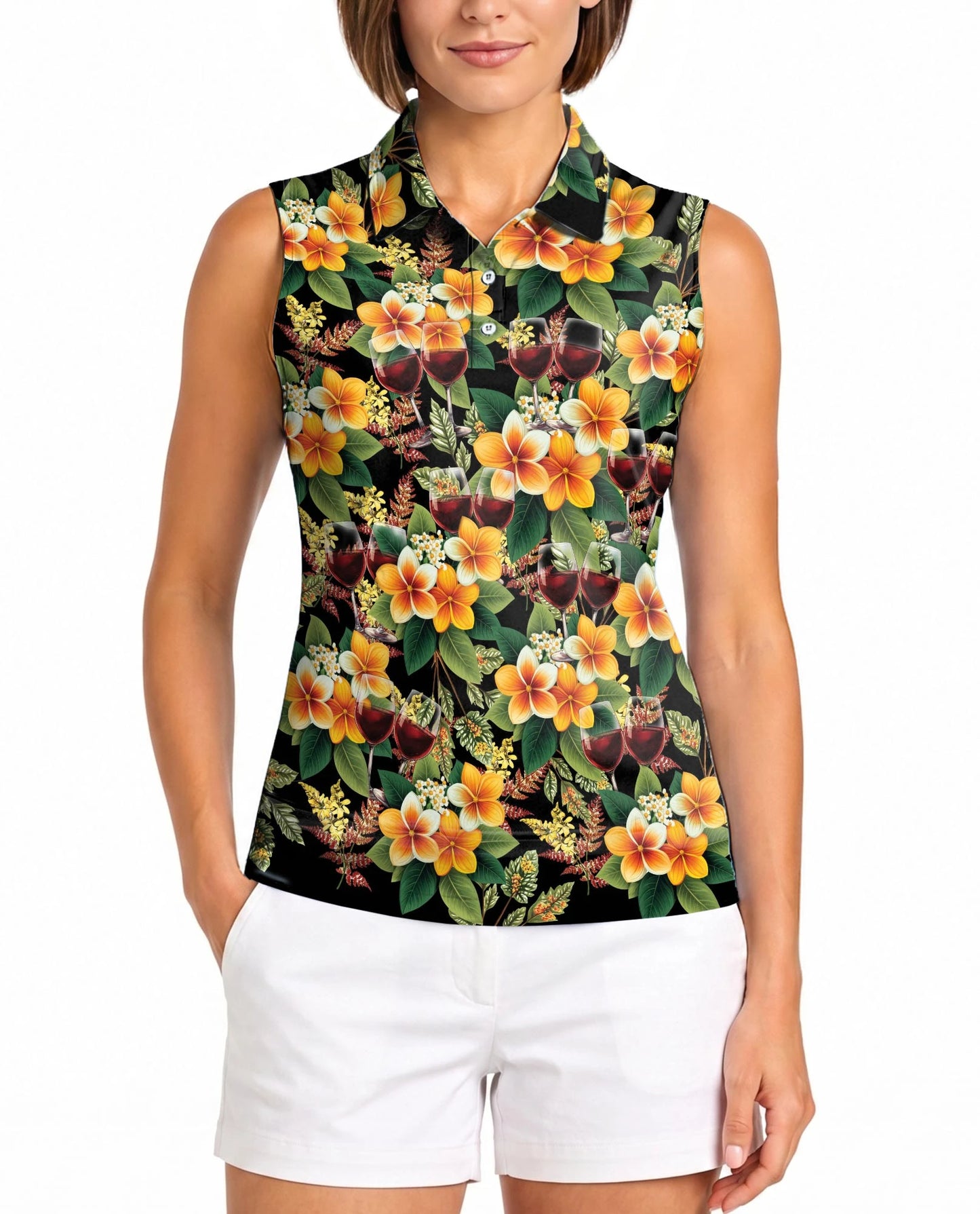 Wine Plumeria Floral Sleeveless Polo Shirt for Women – Tropical Elegant Style | Netecom