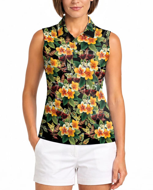 Wine Plumeria Floral Sleeveless Polo Shirt for Women – Tropical Elegant Style | Netecom