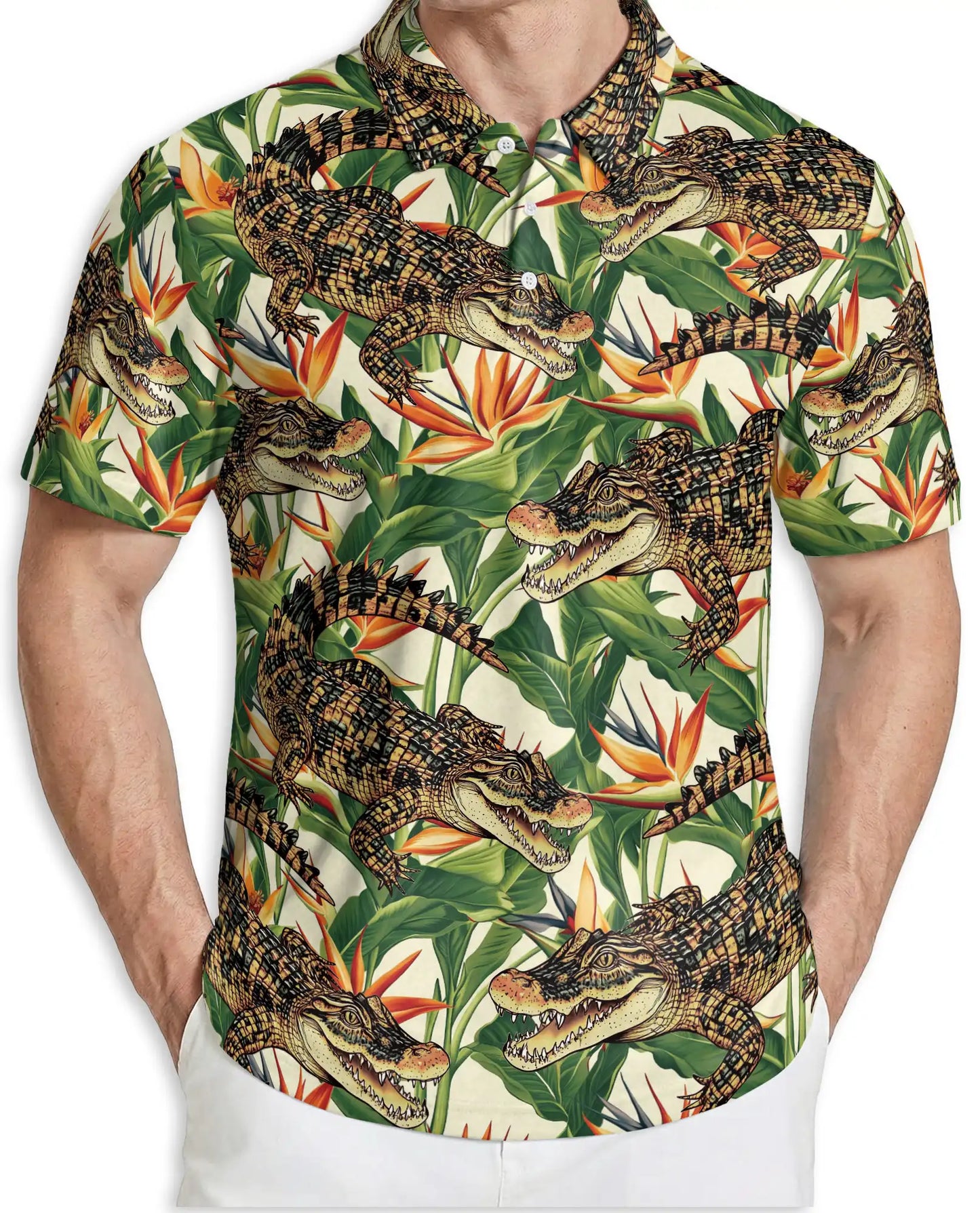Alligator Hawaiian 3D Polo Shirt for Men – Tropical Crocodile Jungle Style | Netecom