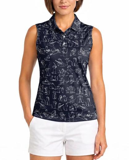 Navy Cat Doodle Sleeveless Polo Shirt for Women – Cute Feline Style | Netecom