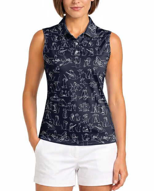 Navy Cat Doodle Sleeveless Polo Shirt for Women – Cute Feline Style | Netecom