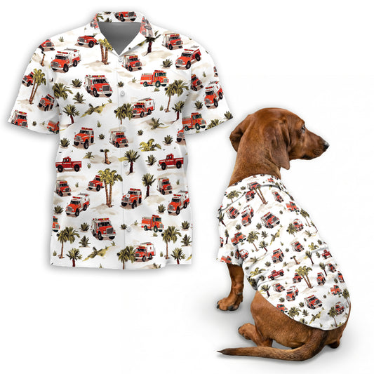 Netecom Matching Fire Truck Hawaiian Shirt for Dog and Owner, Aloha Summer Shirt, Firefighter Theme Button Down Outfit for Pet and Human, Beach Vacation Casual Wear