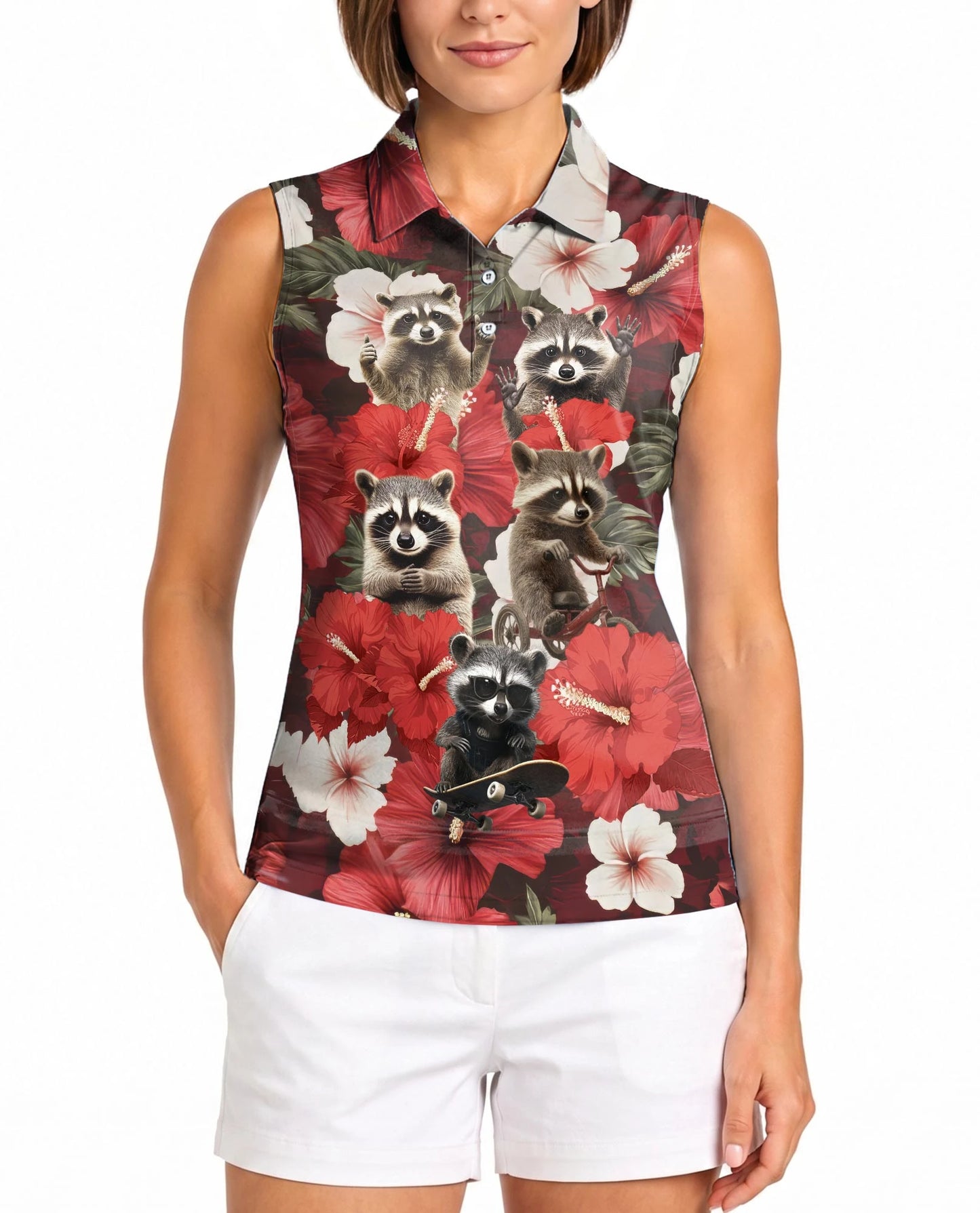 Tropical Hibiscus Raccoon Sleeveless Polo Shirt for Women | Netecom