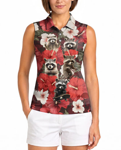 Tropical Hibiscus Raccoon Sleeveless Polo Shirt for Women | Netecom