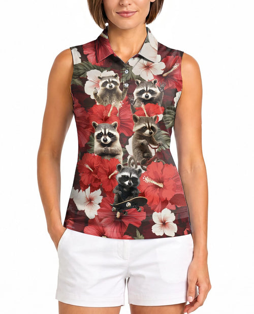 Tropical Hibiscus Raccoon Sleeveless Polo Shirt for Women | Netecom