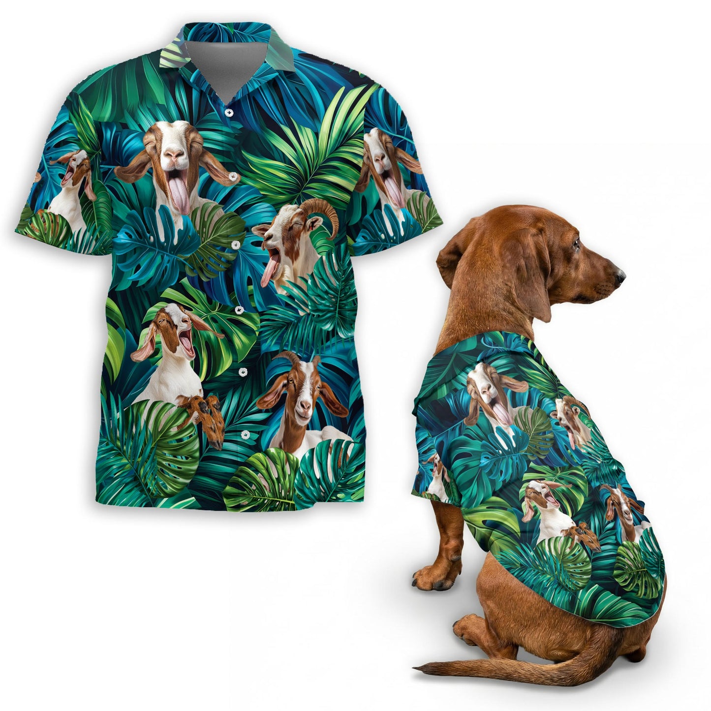 Netecom Matching Boer Goat Hawaiian Shirt for Dog and Owner, Aloha Summer Shirt, Goat Lover Print Button Down Outfit for Pet and Human, Beach Vacation Casual Wear