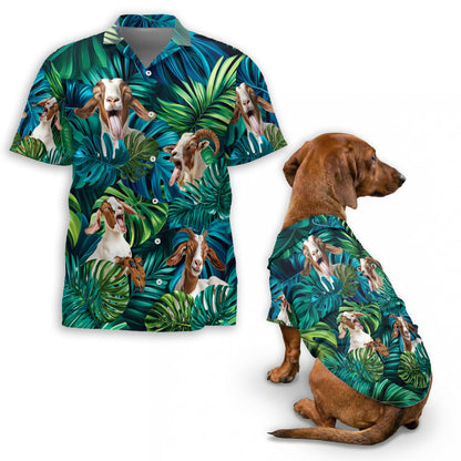 Netecom Matching Boer Goat Hawaiian Shirt for Dog and Owner, Aloha Summer Shirt, Goat Lover Print Button Down Outfit for Pet and Human, Beach Vacation Casual Wear