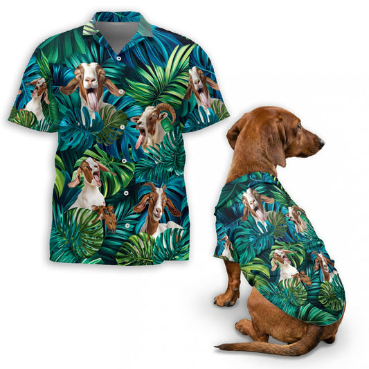 Netecom Matching Boer Goat Hawaiian Shirt for Dog and Owner, Aloha Summer Shirt, Goat Lover Print Button Down Outfit for Pet and Human, Beach Vacation Casual Wear