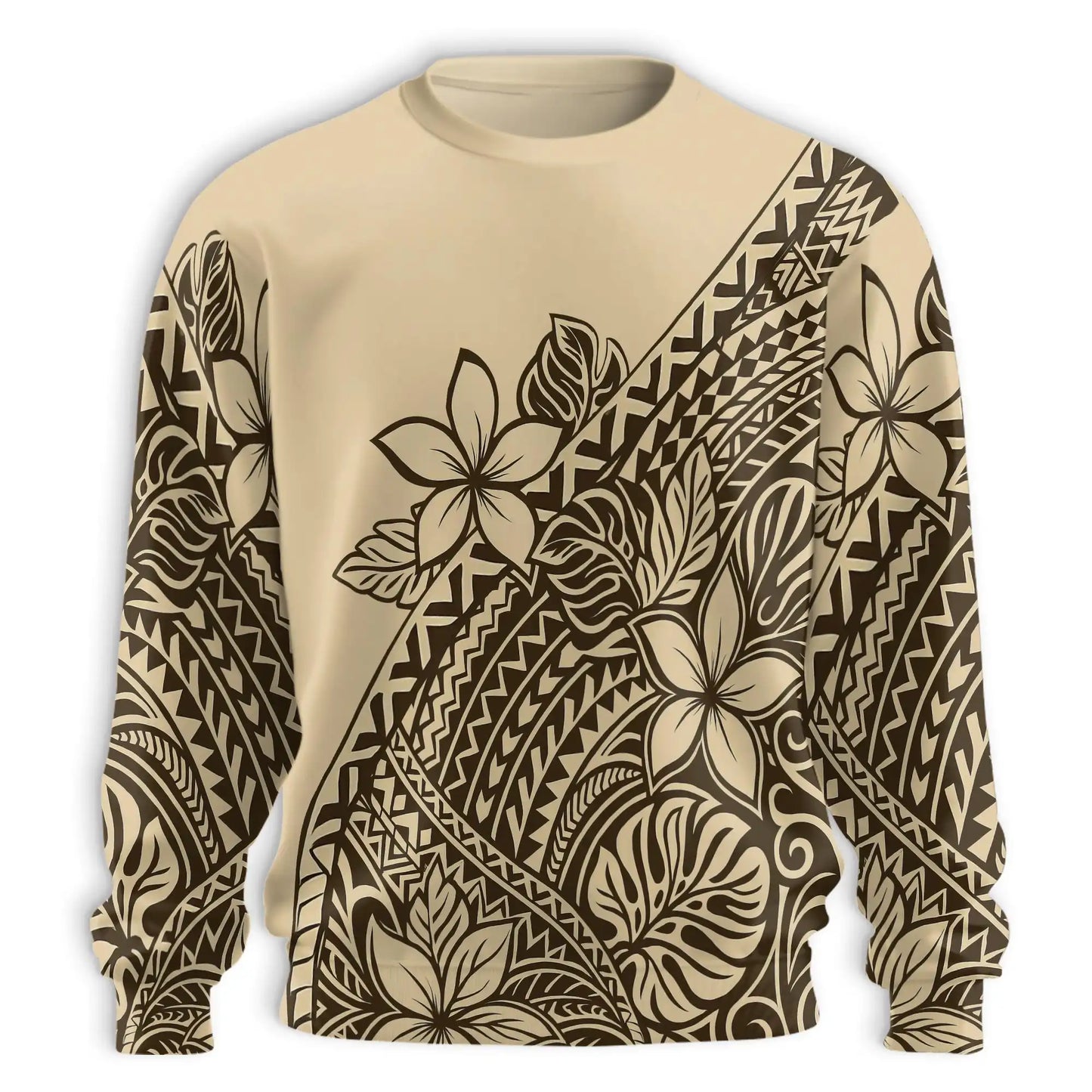 Tribal Tropical Flowers Beige Sweatshirt, 3D All Over Print Polynesian Floral Crewneck Pullover for Men Women, Tropical Flower Lover Gift - Netecom