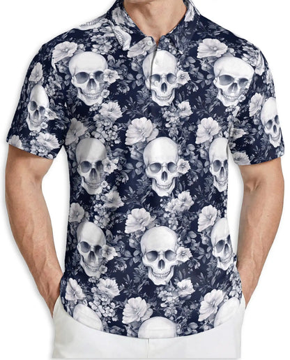 Gothic Skull Floral Hawaiian Polo Shirt | Dark Aesthetic Skull Shirt | Netecom