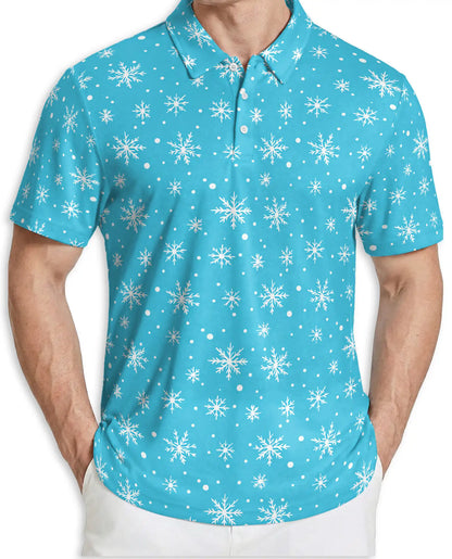 Blue Snowflake 3D Polo Shirt for Men – Minimal Winter Holiday Style | Netecom