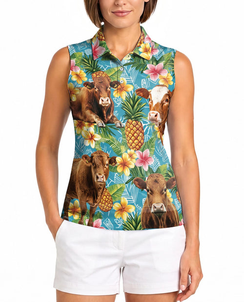 Red Angus Cattle Lovers Pineapple Sleeveless Polo Shirt for Women | Netecom