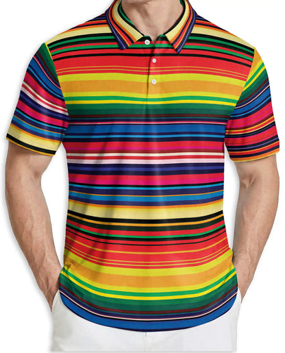 Colorful Striped 3D Polo Shirt for Men – Rainbow Retro Pattern Style | Netecom