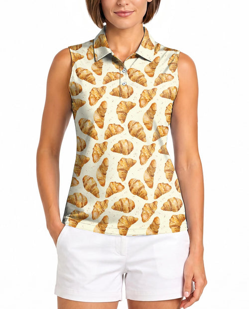 Croissant Pattern Sleeveless Polo Shirt for Women – Cute Bakery Food Style | Netecom