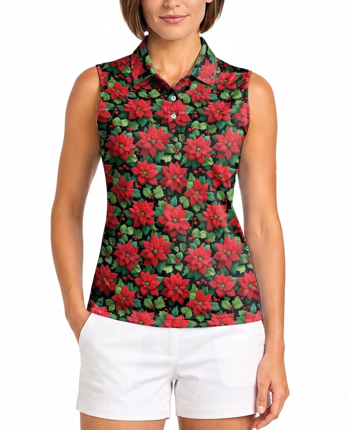 Red Poinsettia Pattern Sleeveless Polo Shirt for Women| Netecom