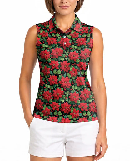 Red Poinsettia Pattern Sleeveless Polo Shirt for Women| Netecom