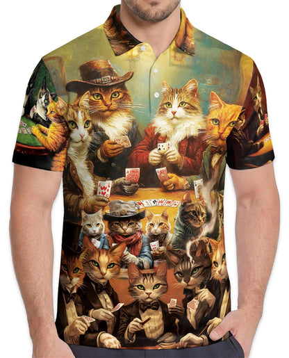 Vintage Cat Poker 3D Polo Shirt for Men – Funny Animal Card Game | Netecom