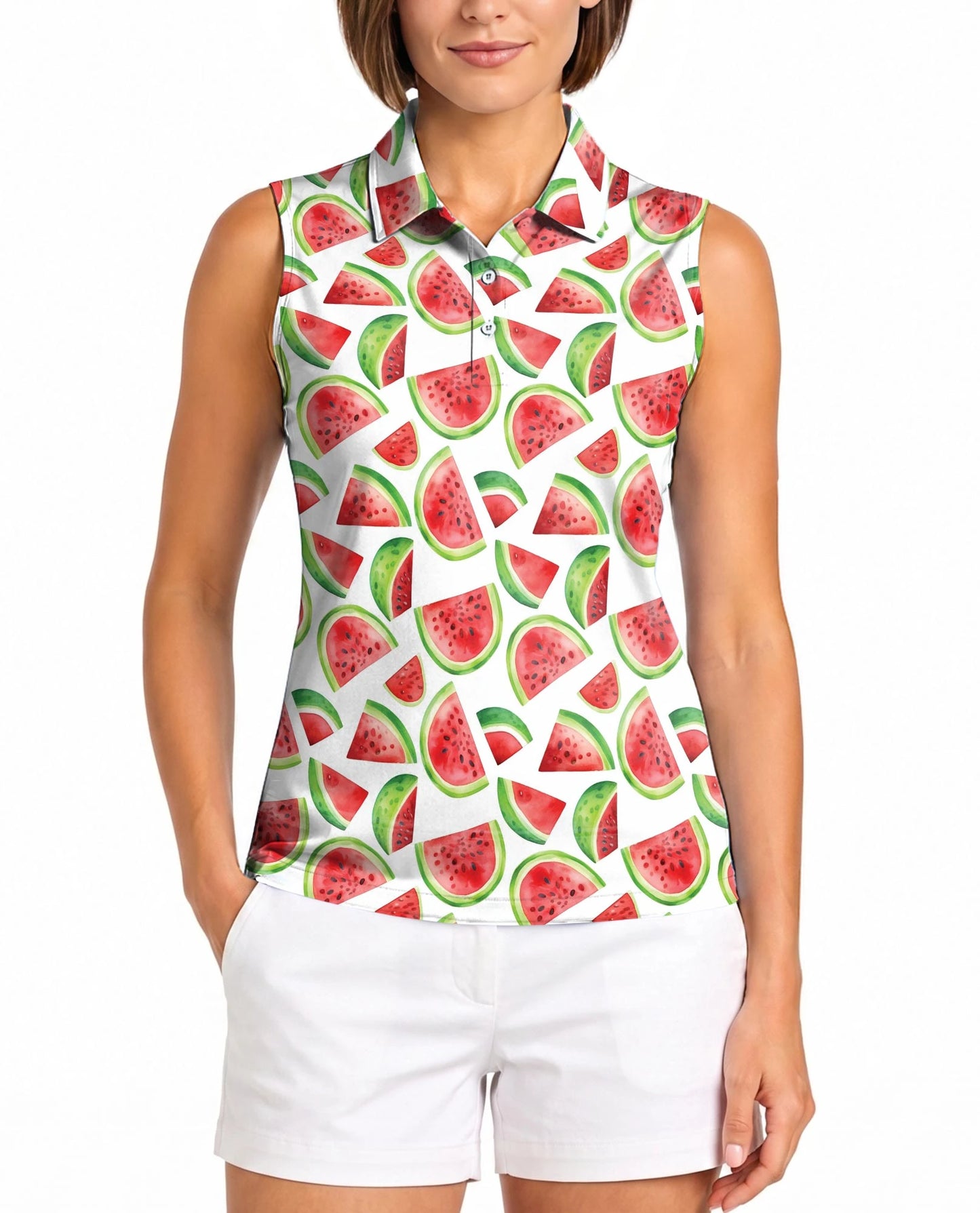 Watermelon Pattern Sleeveless Polo Shirt for Women | Netecom