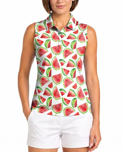 Watermelon Pattern Sleeveless Polo Shirt for Women | Netecom