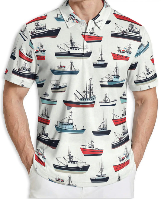 Fishing Boat Nautical 3D Polo Shirt for Men – Coastal Ocean Marine Style | Netecom