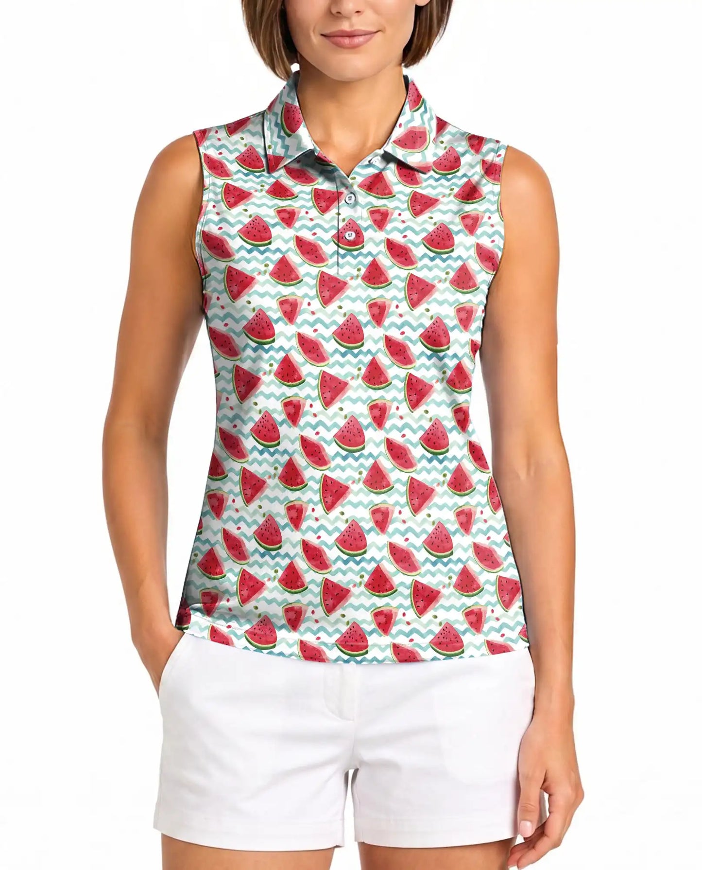 Watermelon Chevron Pattern Sleeveless Polo Shirt for Women| Netecom