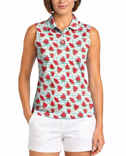 Watermelon Chevron Pattern Sleeveless Polo Shirt for Women| Netecom