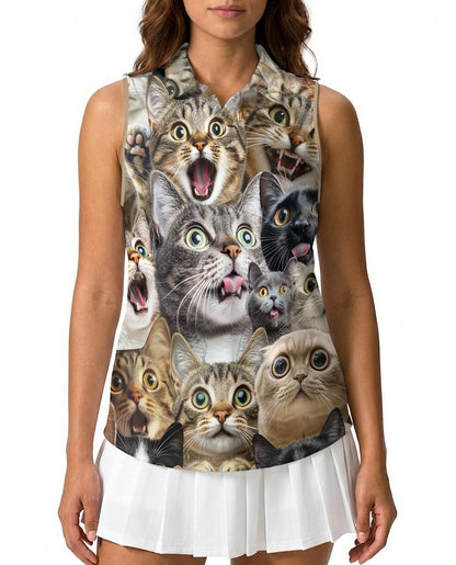 Funny Cat Pattern Sleeveless Polo Shirt for Women | Netecom