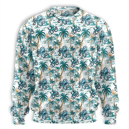 Octopus Coconut Tree Pattern Sweatshirt, 3D All Over Print Tropical Ocean Crewneck Pullover for Men Women, Octopus Lover Gift - Netecom