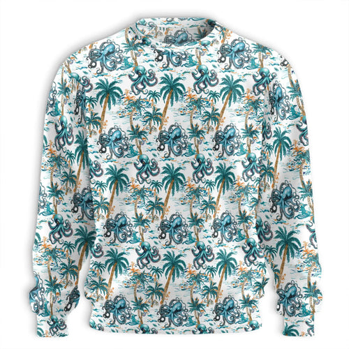Octopus Coconut Tree Pattern Sweatshirt, 3D All Over Print Tropical Ocean Crewneck Pullover for Men Women, Octopus Lover Gift - Netecom