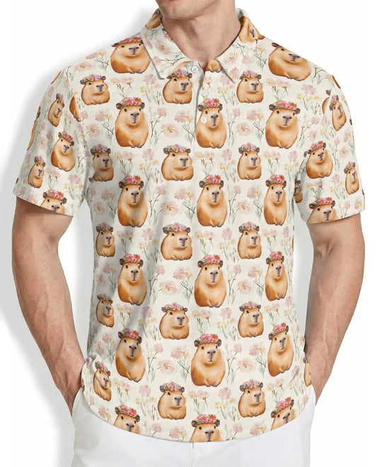 Cute Capybara Floral Polo Shirt – Funny Animal Pattern | Netecom