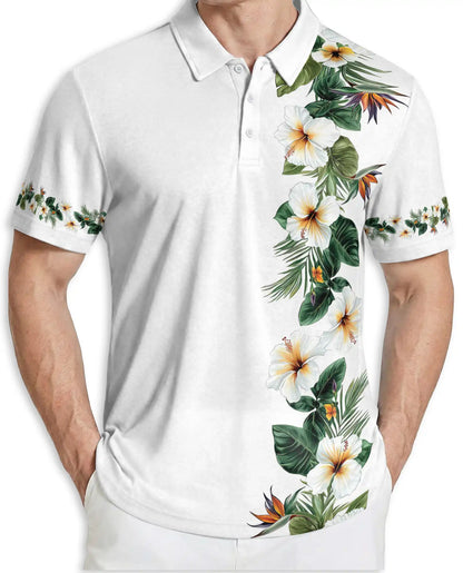 White Tropical Hibiscus 3D Polo Shirt for Men – Elegant Hawaiian Floral Style | Netecom