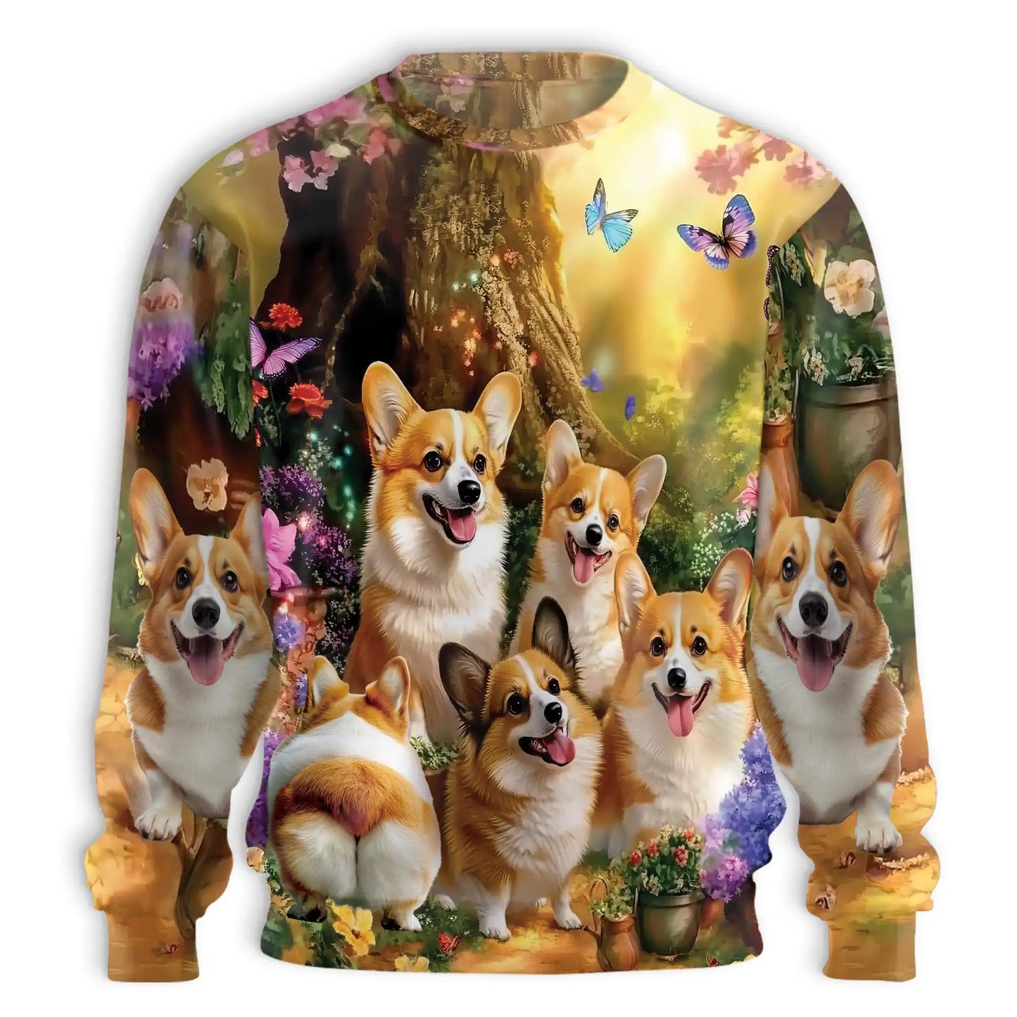 Fairy Corgi Flower Sweatshirt, 3D All Over Print Fantasy Floral Dog Crewneck Pullover for Men Women, Corgi Lover Gift - Netecom